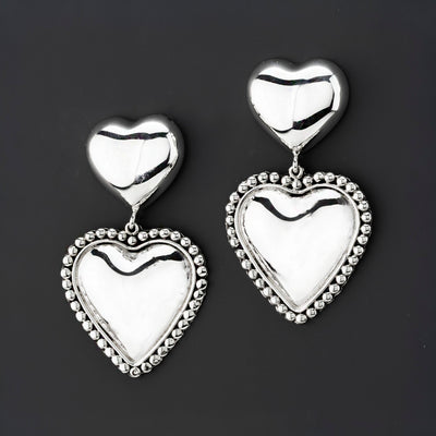Large Double Heart Sterling Silver Dangle Earrings - Reveka Rose