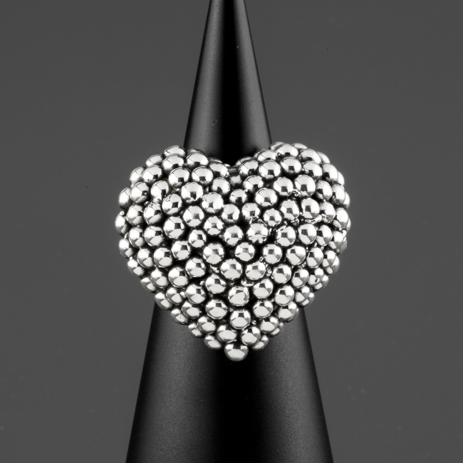 electroformed silver beaded heart ring