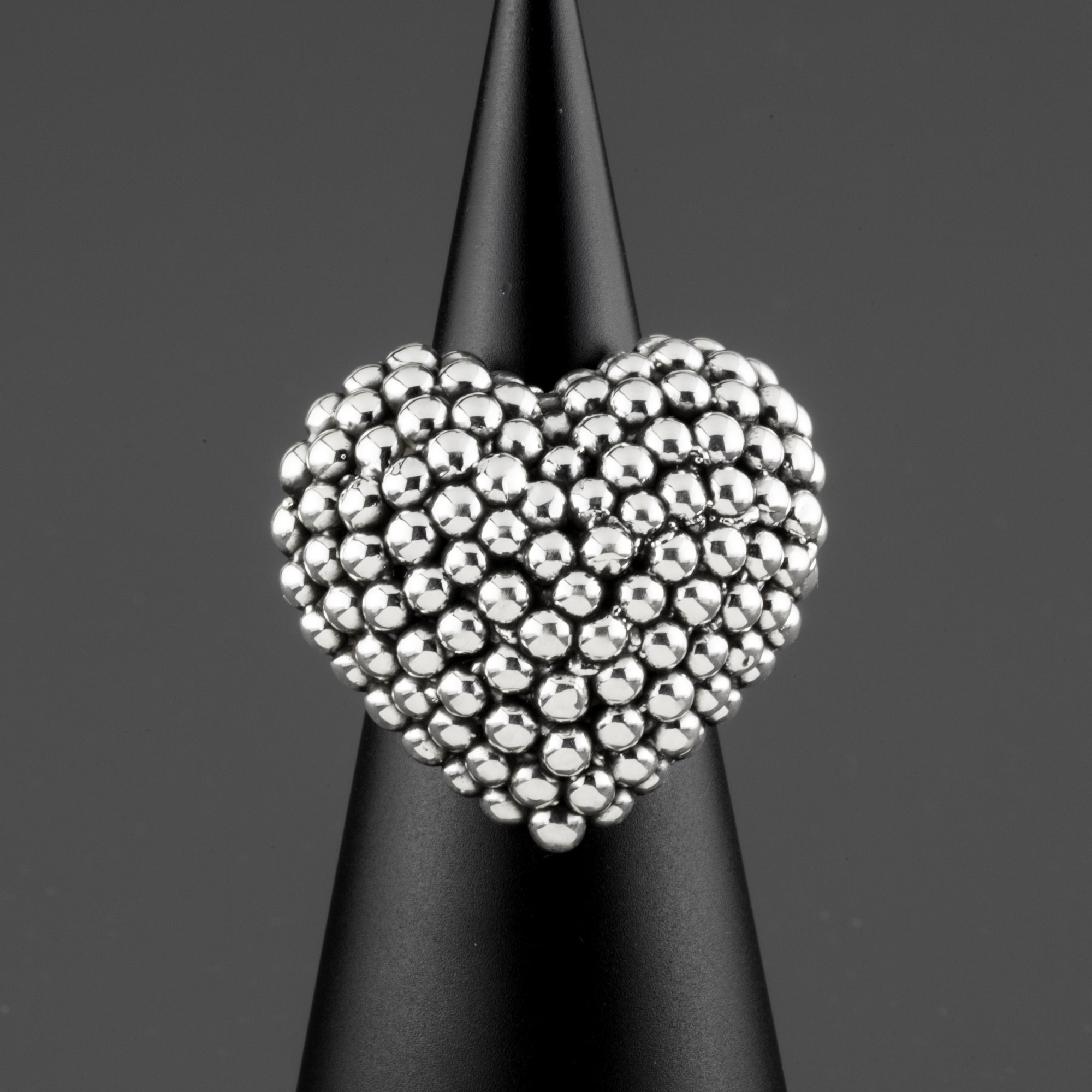 electroformed silver beaded heart ring