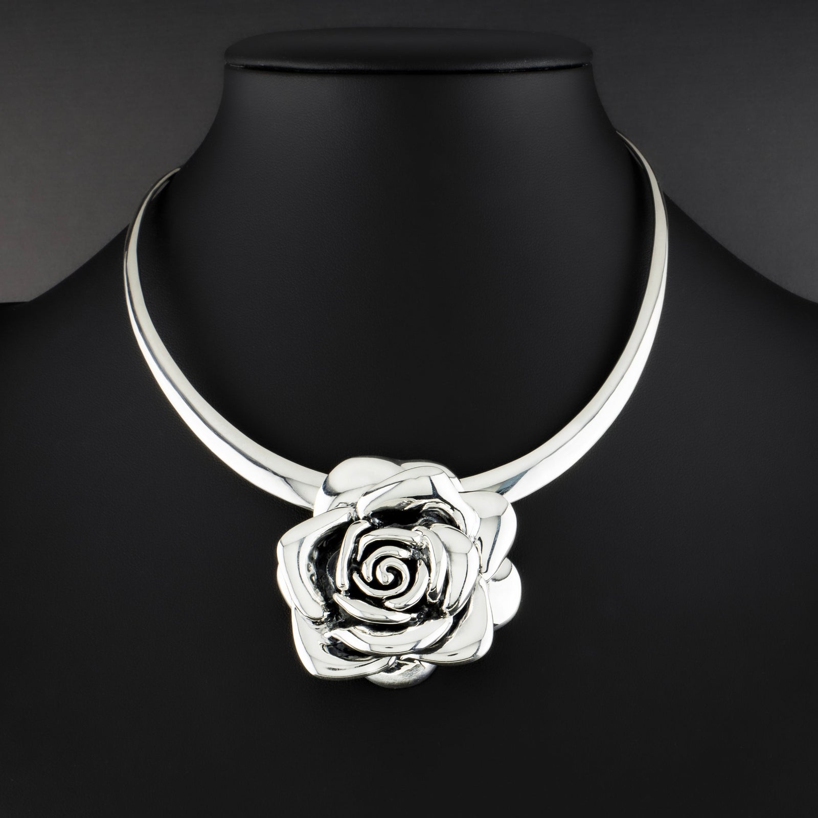 electroformed silver rose pendant