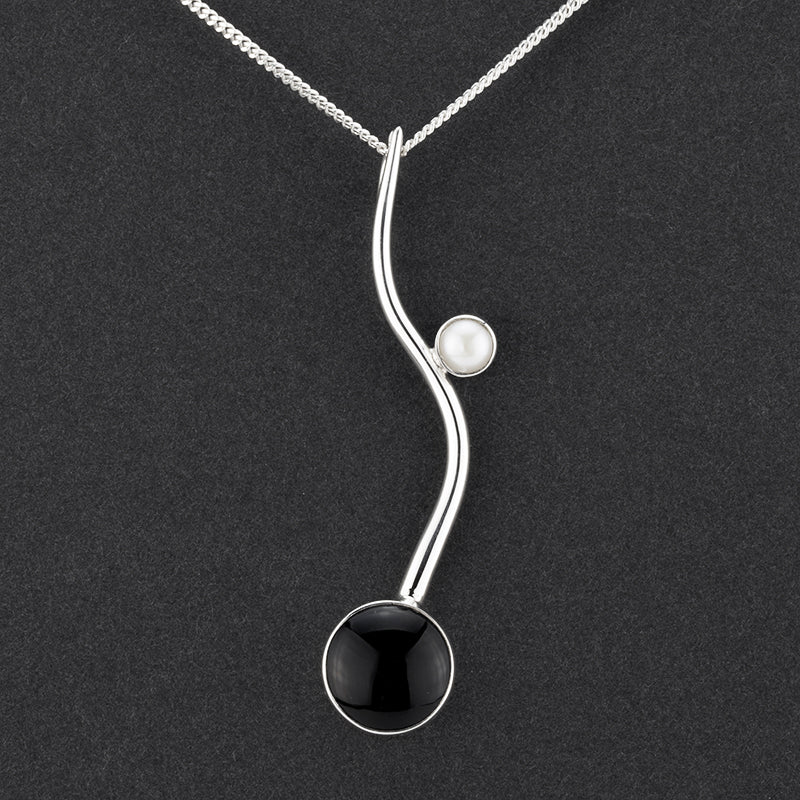 elongated black obsidian and pearl silver pendant necklace