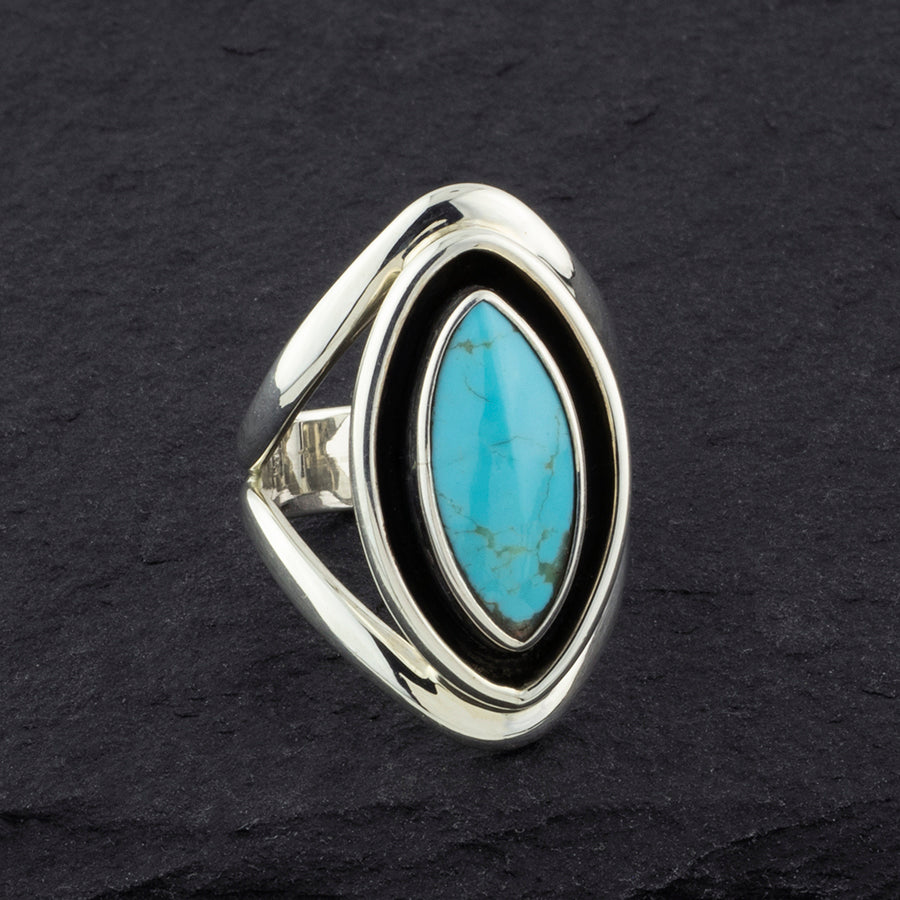 elongated oxidized silver and turquoise ring