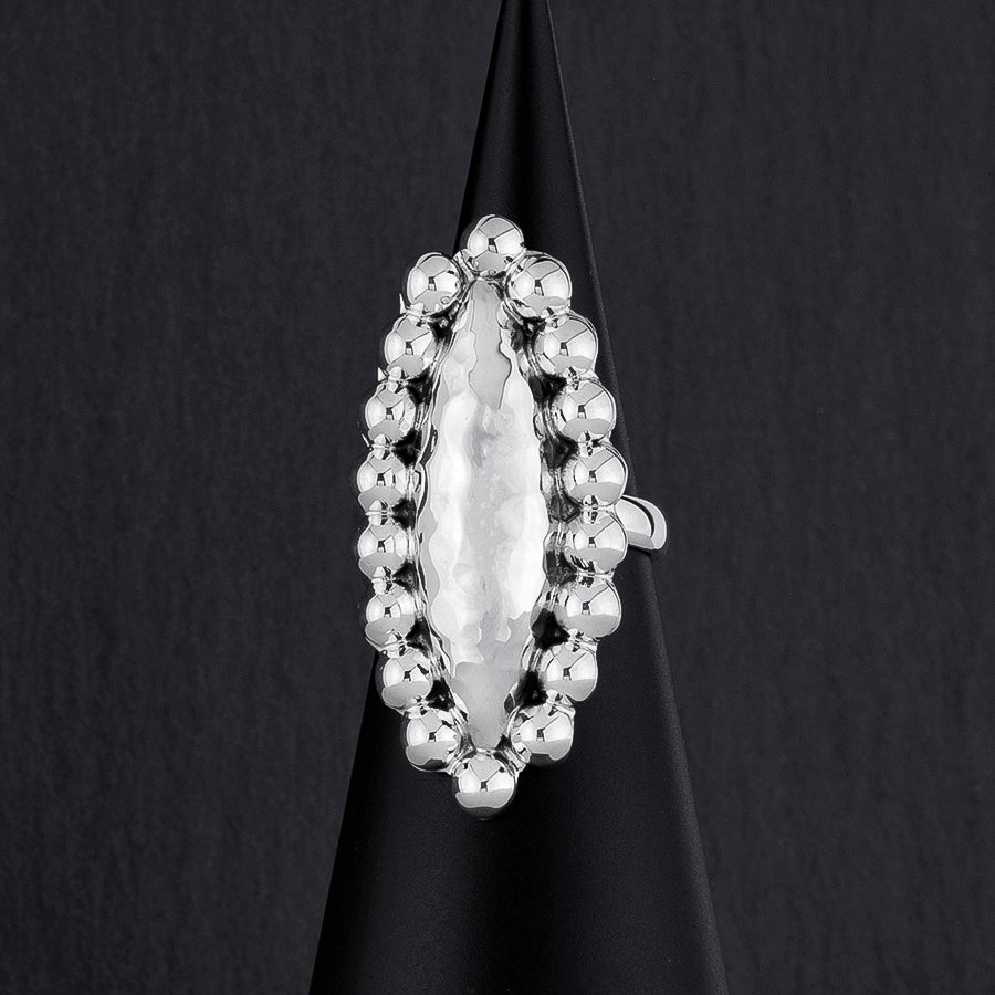 elongated sterling silver beaded ring