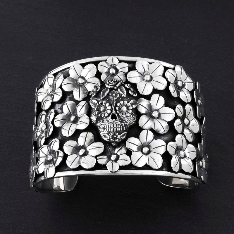 extra wide Taxco silver sugar skull cuff bracelet