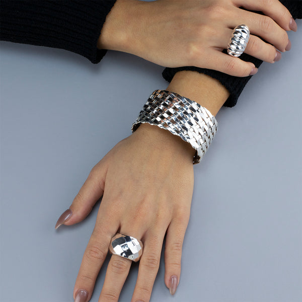 Wide Mexican Silver Basket Weave Cuff Bracelet - Reveka Rose
