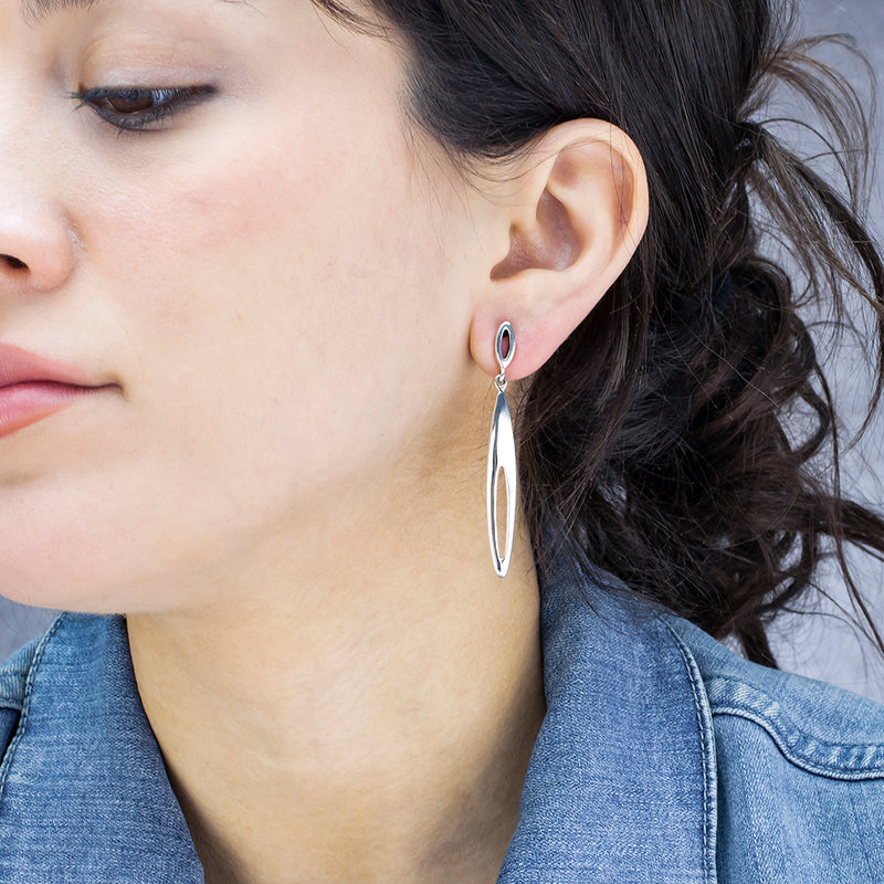 elongated sterling silver flame drop earrings