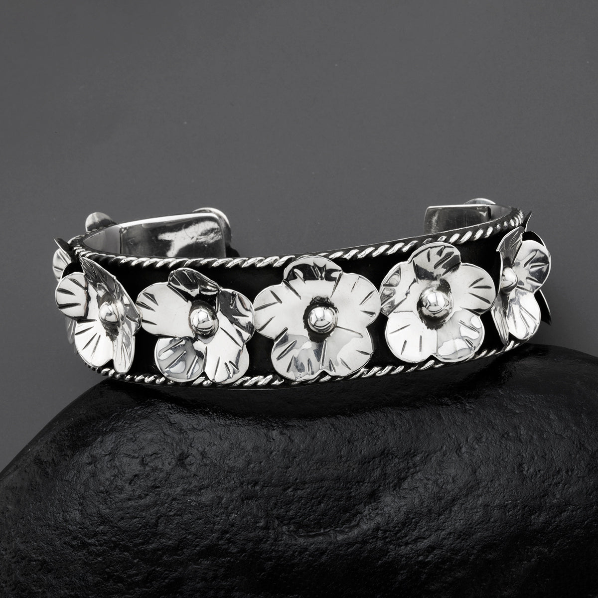 flor de plata Mexican silver cuff bracelet