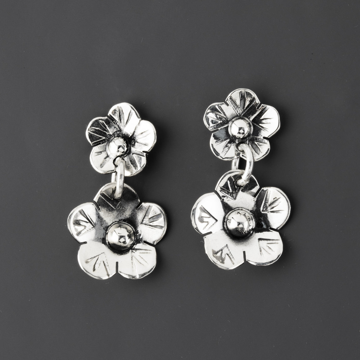 floral double drop Mexican silver earrings