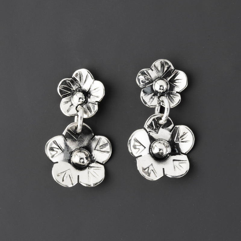 floral double drop Mexican silver earrings