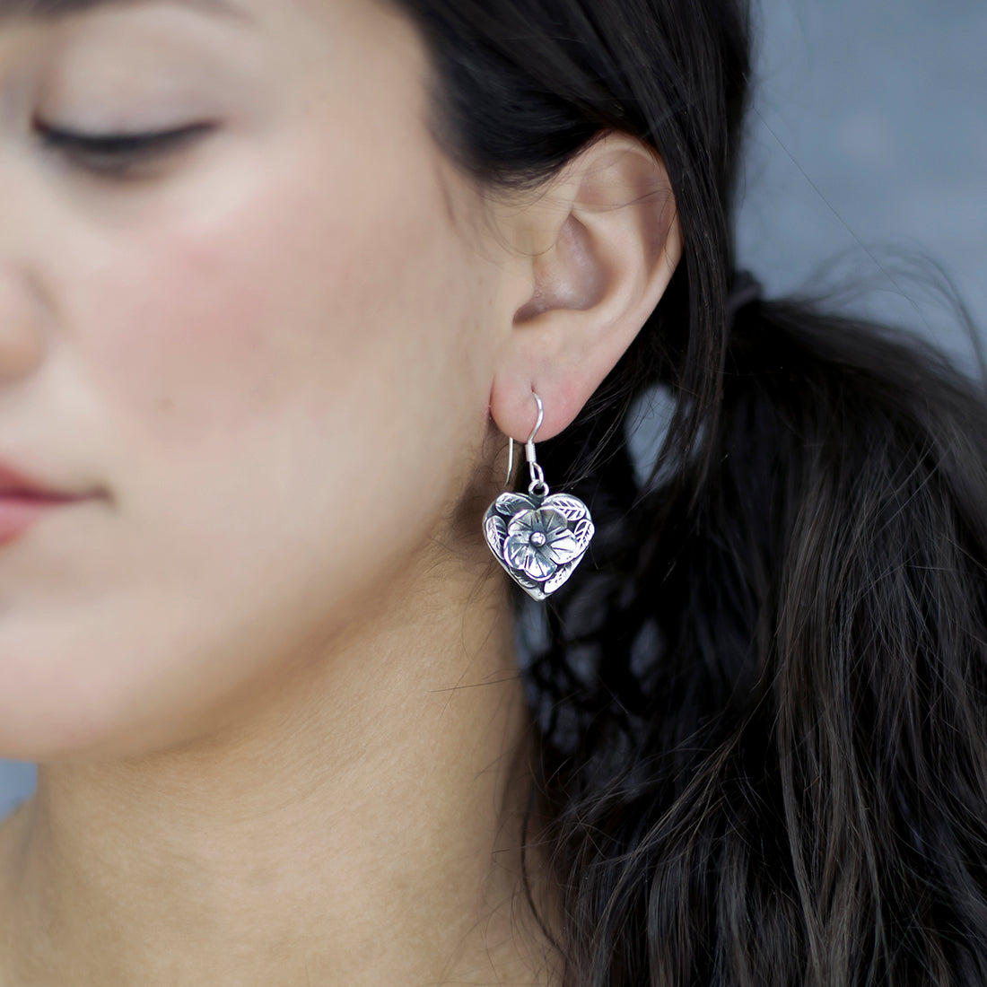 Botanical Bliss Silver Heart Earrings