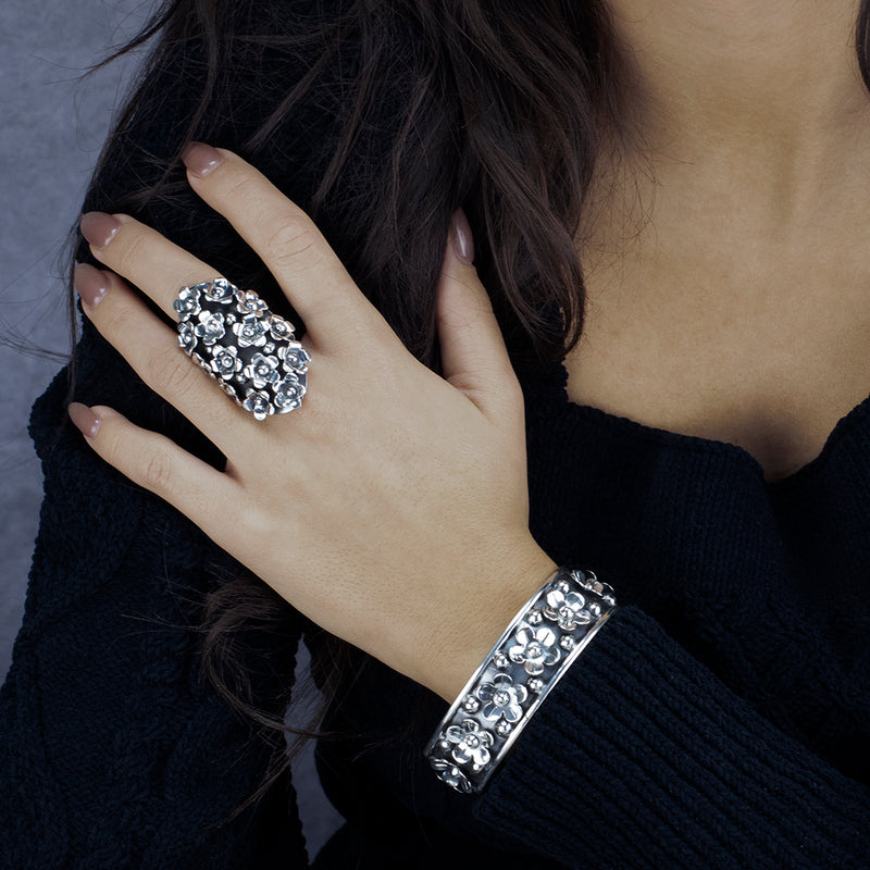 huge long Taxco silver floral statement ring