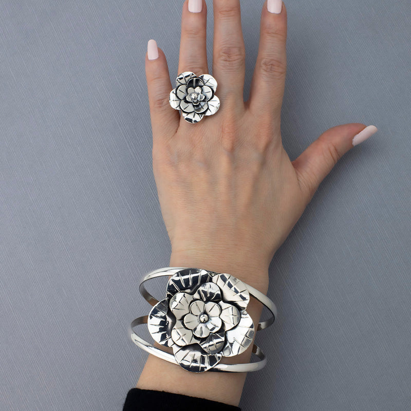 sterling silver floral statement cuff bracelet