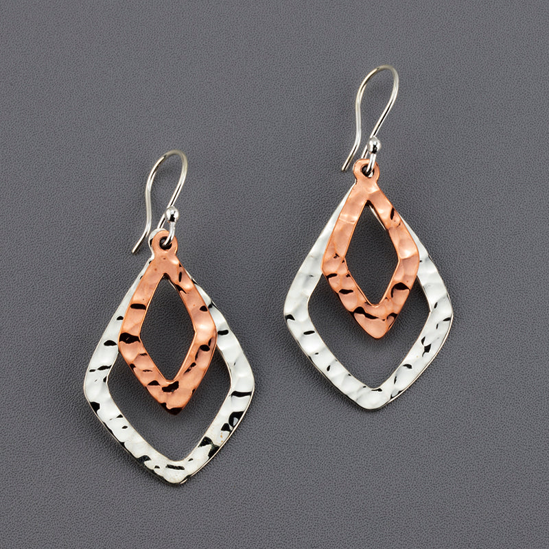 hammered silver and copper diamond shape earrings