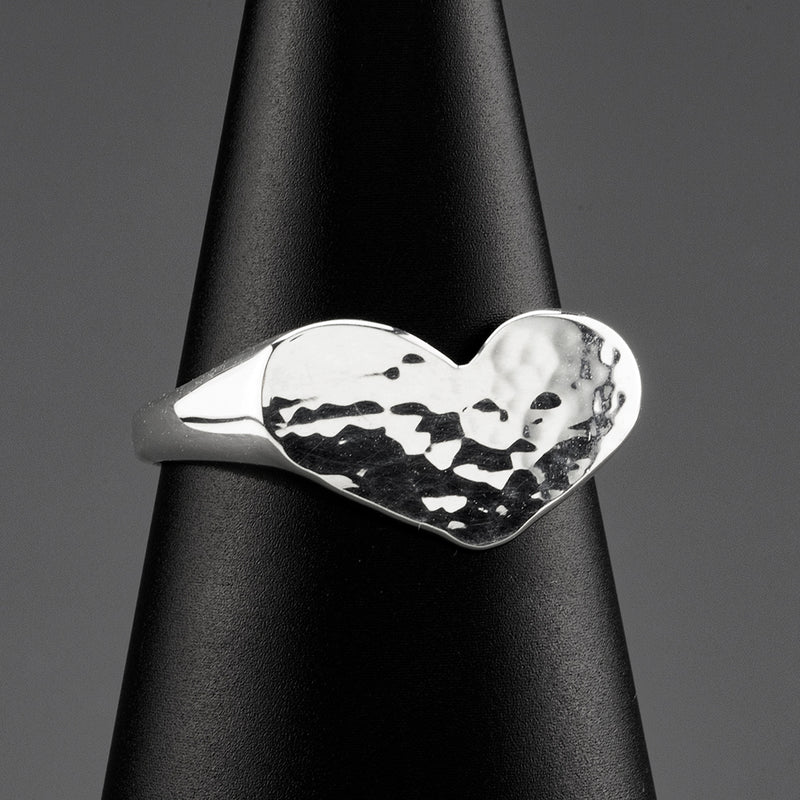 hammered silver heart signet ring