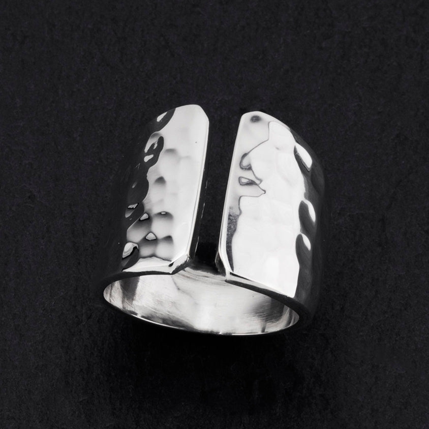 hammered silver open front ring