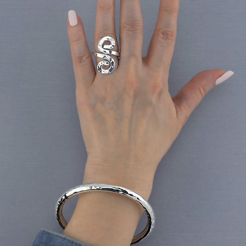 large hammered silver spiral ring