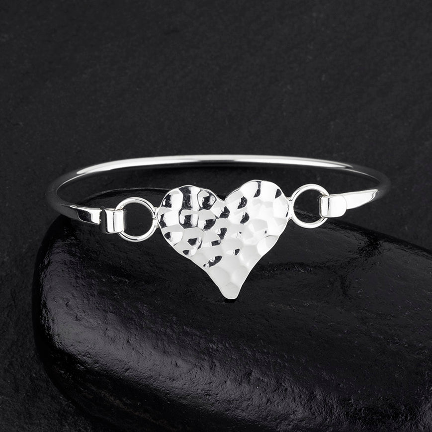 hammered sterling silver heart bangle bracelet
