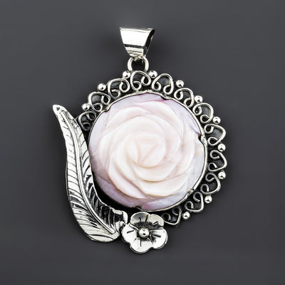 handcrafted mother of pearl carved rose pendant