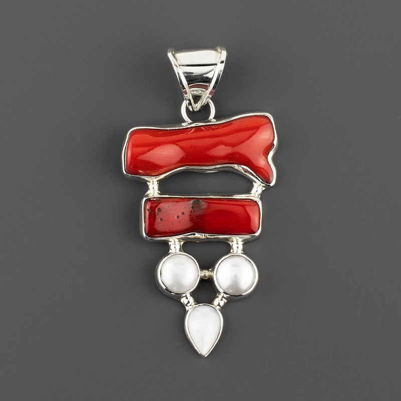 handcrafted red coral and pearl gemstone pendant