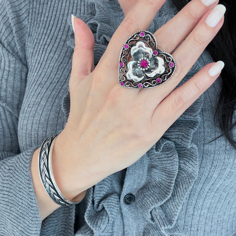 large antique heart sterling silver ring