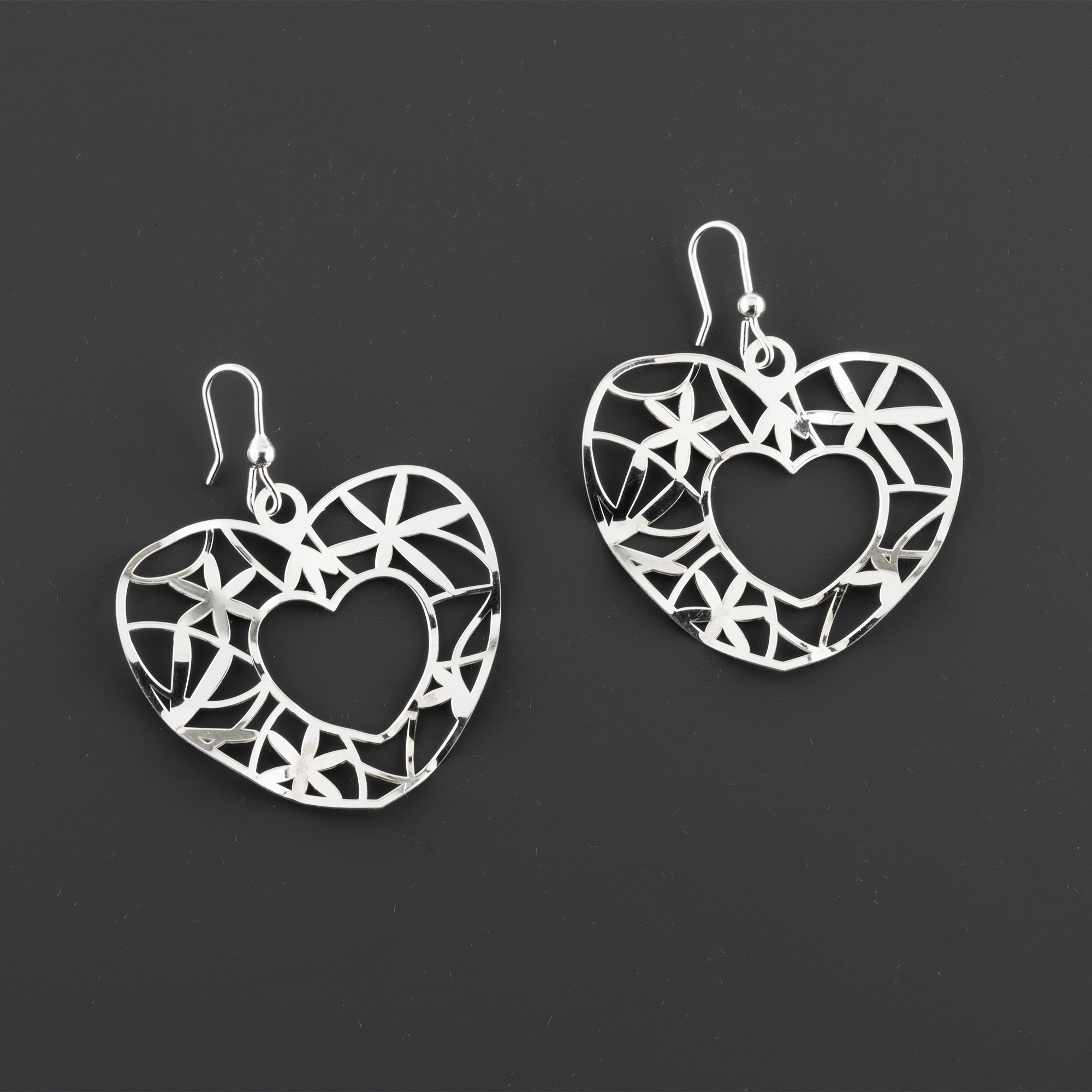 Large Open Heart Sterling Silver Dangle Earrings - Reveka Rose