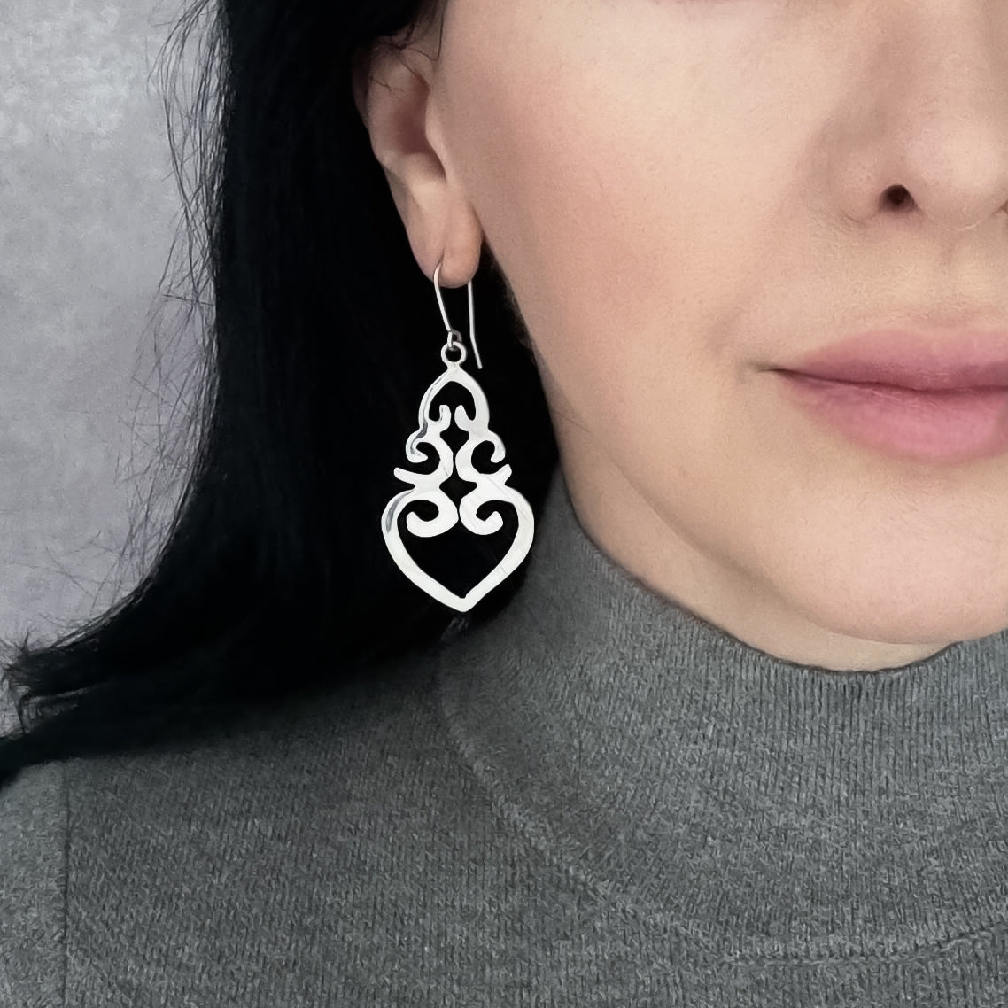 Ornate Heart Sterling Silver Dangle Earrings