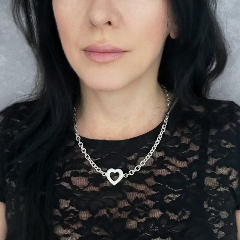 chunky silver heart chain necklace