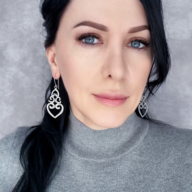 ornate heart sterling silver dangle earrings