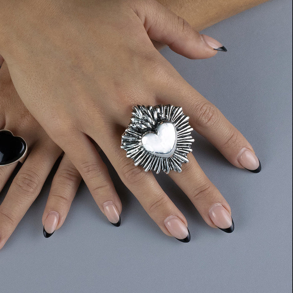 Flaming Heart Mexican Silver Ring