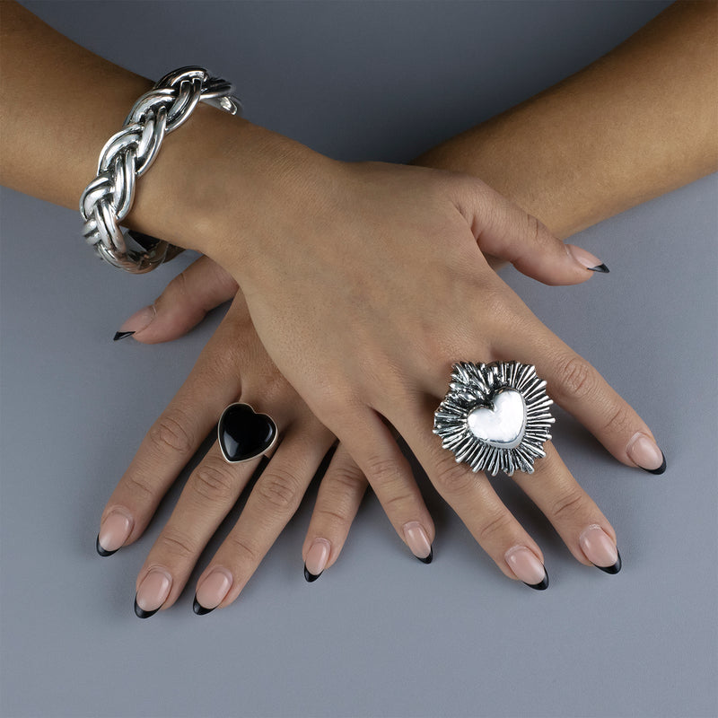 chunky silver flaming heart ring