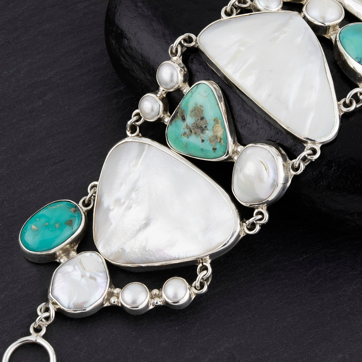 huge mother of pearl and turquoise stone silver bracelet