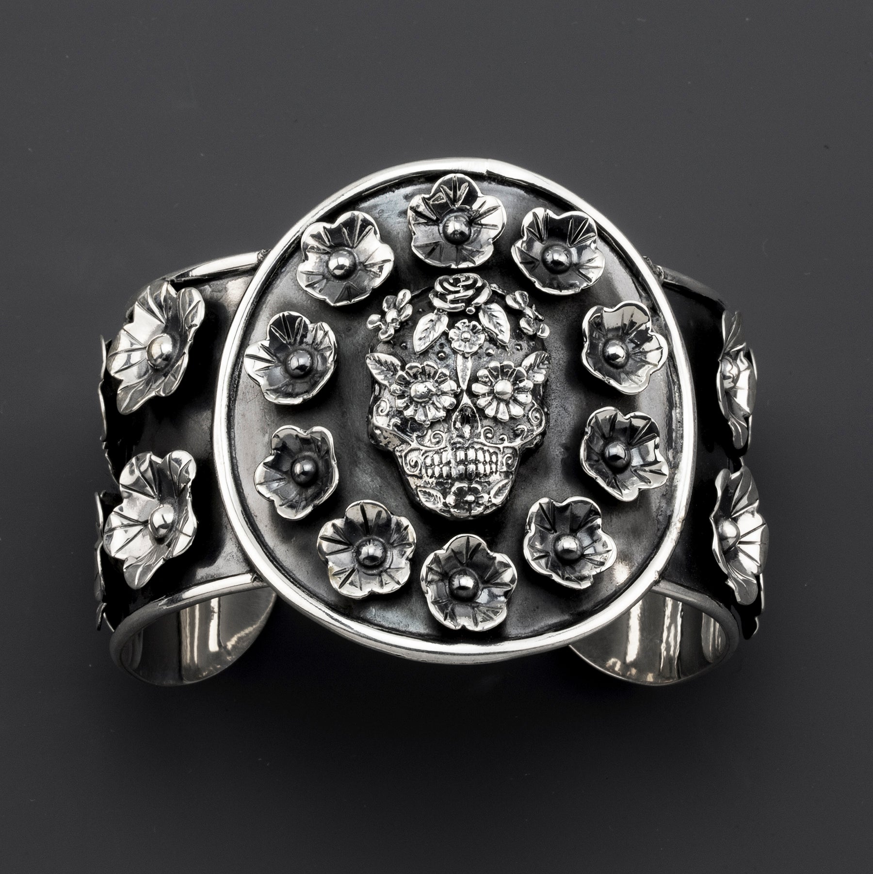 Huge Sugar Skull Taxco Sterling Silver Cuff Bracelet - Reveka Rose