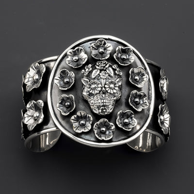 ●メキシコ パフィハート カフバングル ブレスレット シルバー925 TAXCO Huge Sugar Skull Taxco Sterling Silver Cuff Bracelet - Reveka Rose
