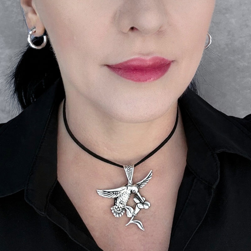 large hummingbird sterling silver pendant