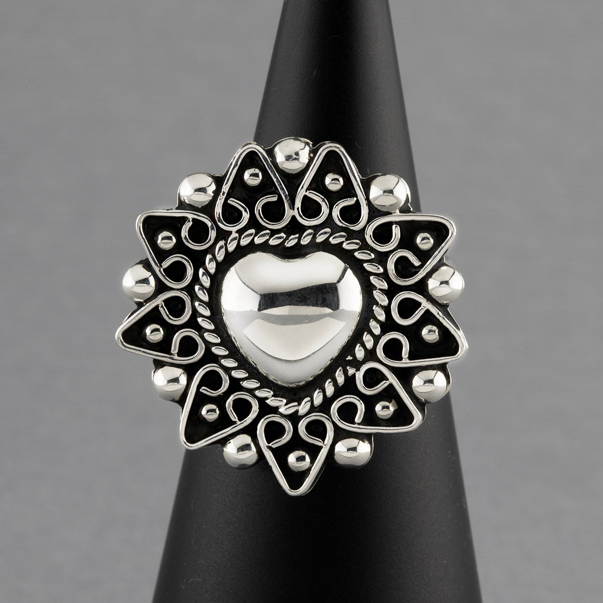 intricate heart Mexican sterling silver ring