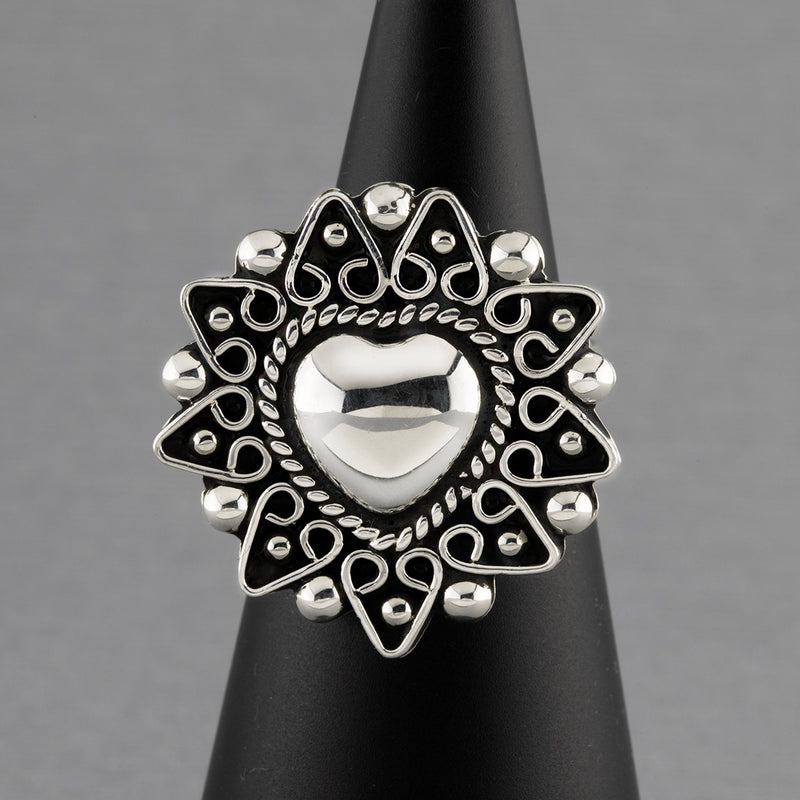 intricate heart Mexican sterling silver ring
