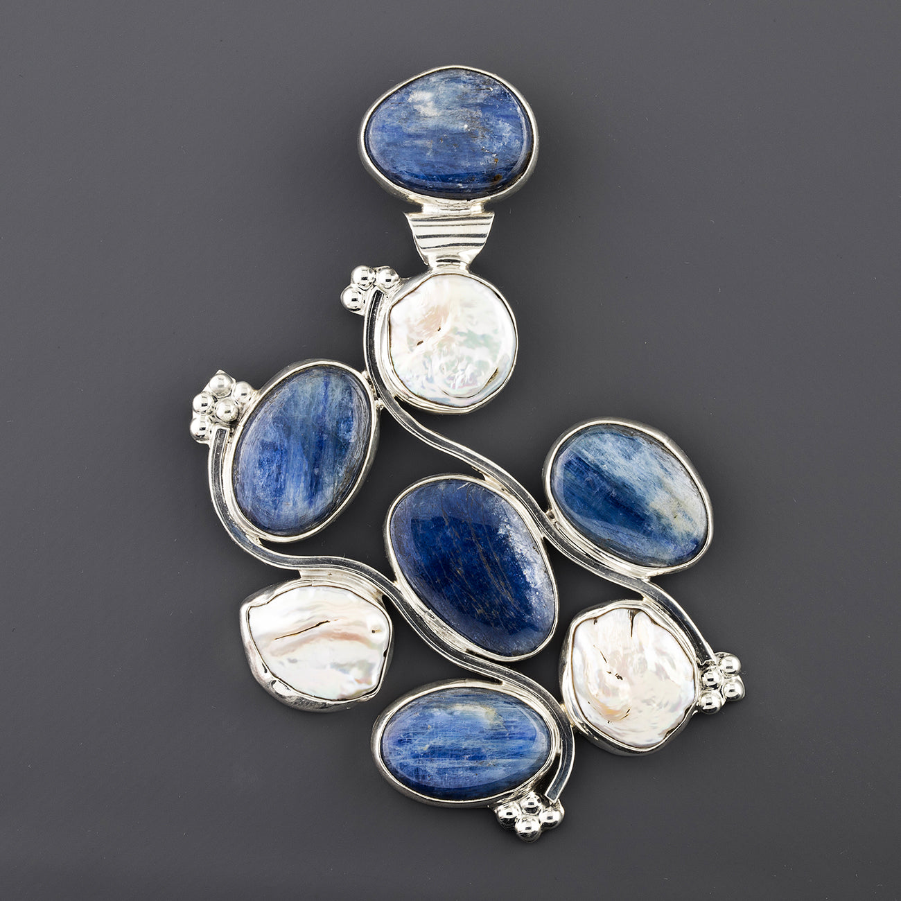 kyanite and pearl large silver pendant