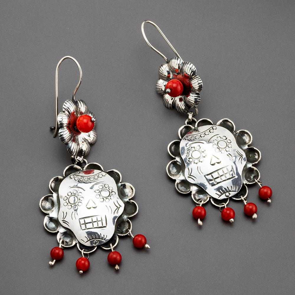 la vida Catrina silver and coral earrings