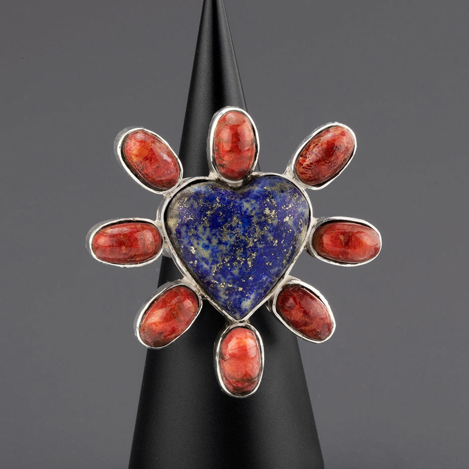 lapis and coral heart statement ring