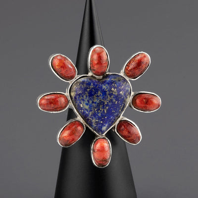 lapis and coral heart statement ring