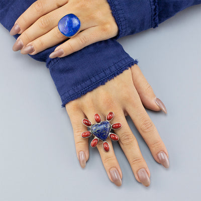 Lapis and Coral Heart Statment Ring