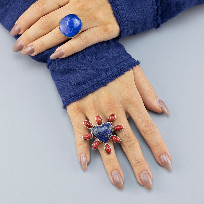 lapis and coral heart statement ring