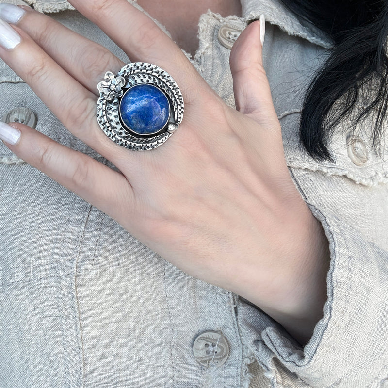 Lapis Flora Mexican Silver Ring