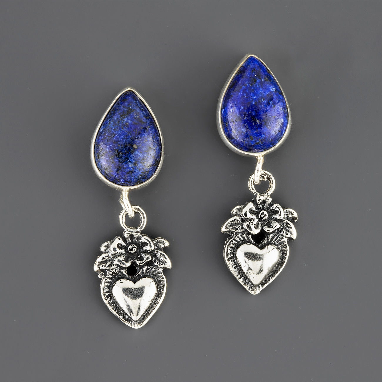 lapis hearts Mexican silver earrings