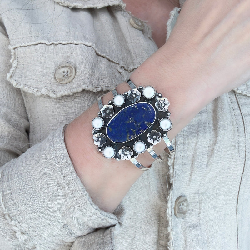 large lapis and pearl cuff bracelet