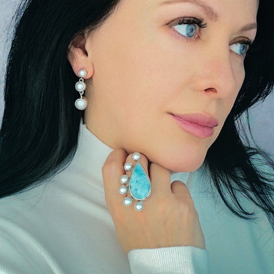 Ocean Bloom Larimar and Pearl Ring
