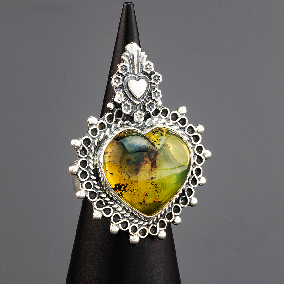 large amber sacred heart statement ring