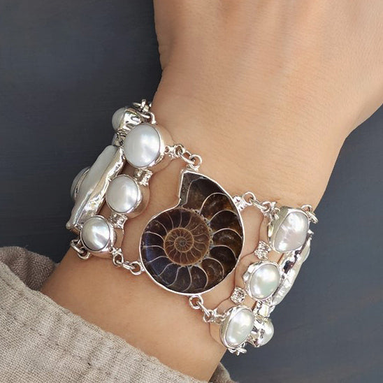 large ammonite and pearl stones bracelet