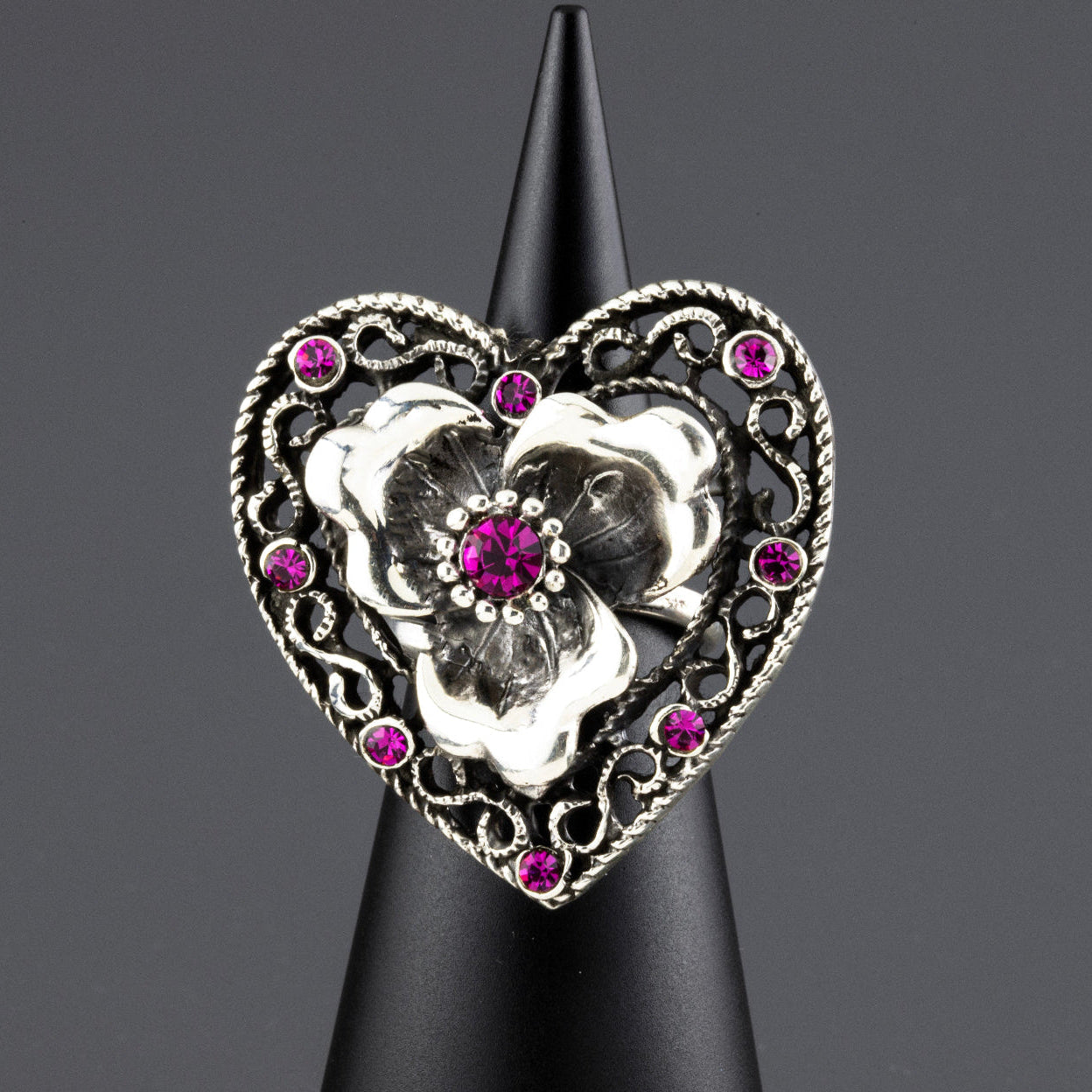 large filigree heart sterling silver ring