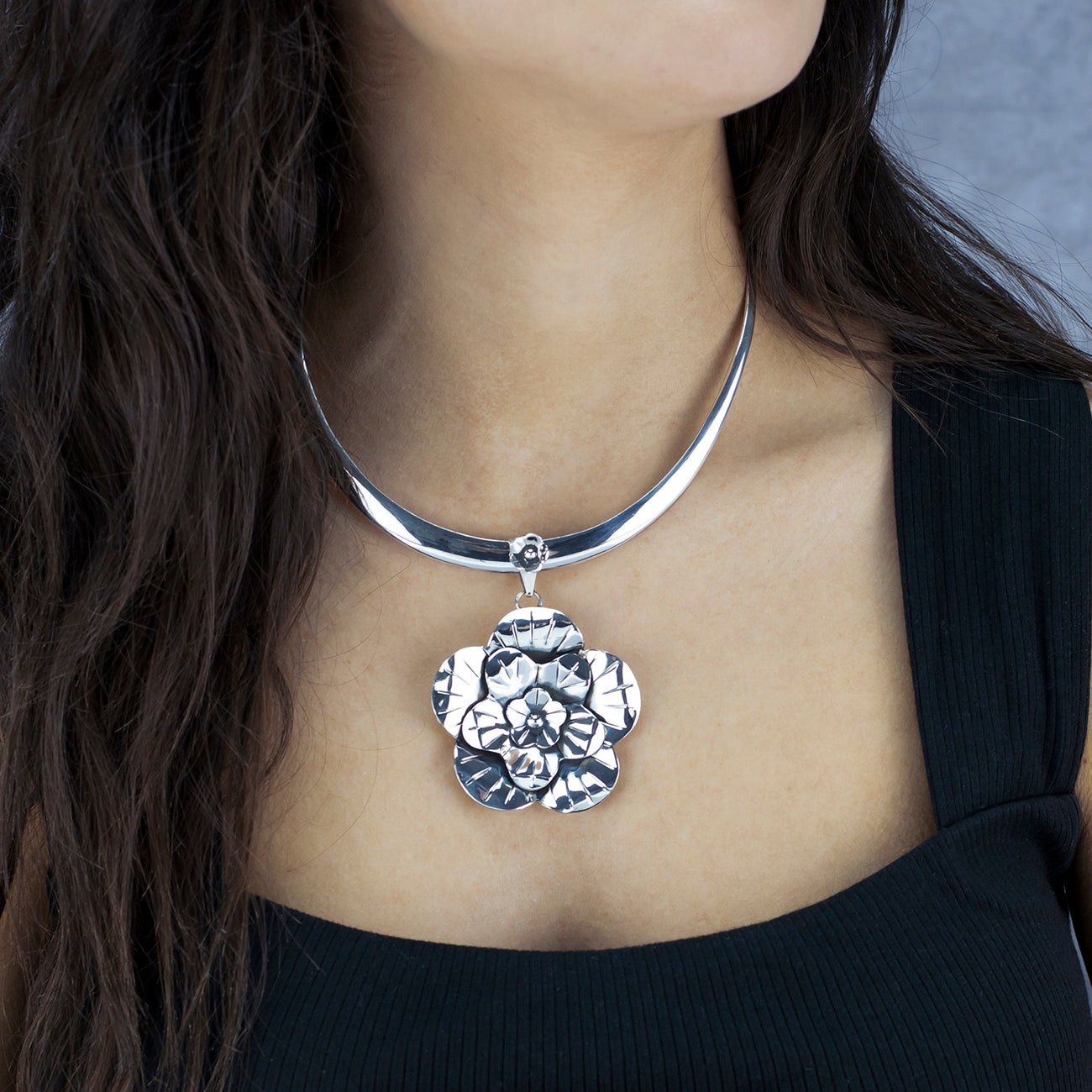 Large Sterling Silver Flower Pendant Silver